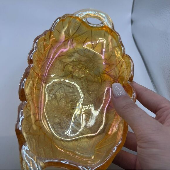 Vintage Marigold Floral Indiana Carnival Glass Oval Candy Dish Bowl Relish Bowl - Picture 8 of 11